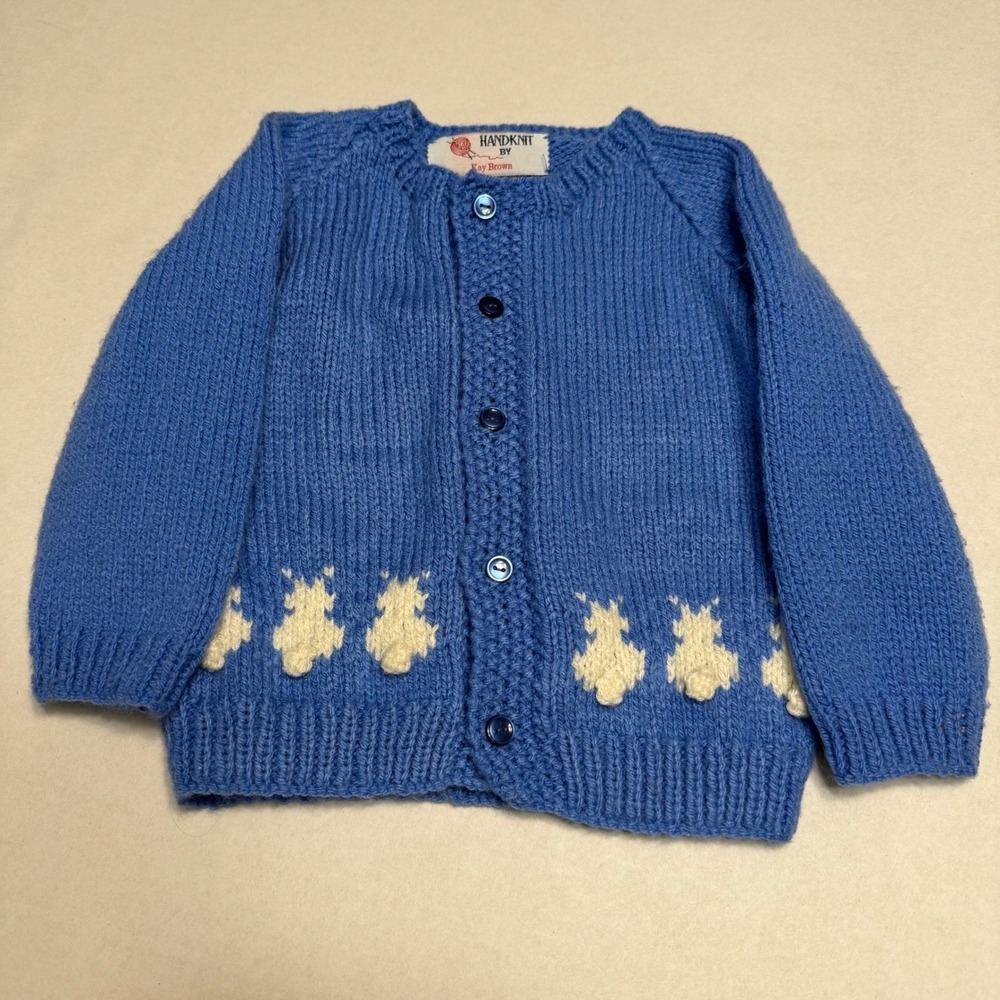 Handknit by Kay Brown Blue Bunny Rabbit Pom Pom Tail Cardigan Sweater Baby